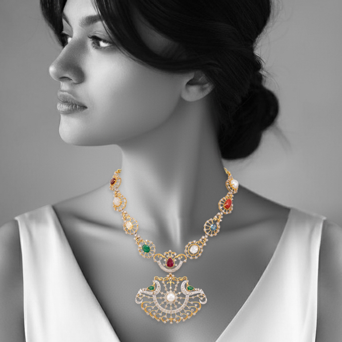 Navratan Necklace with Diamond Frames and Central Pearl Pendant